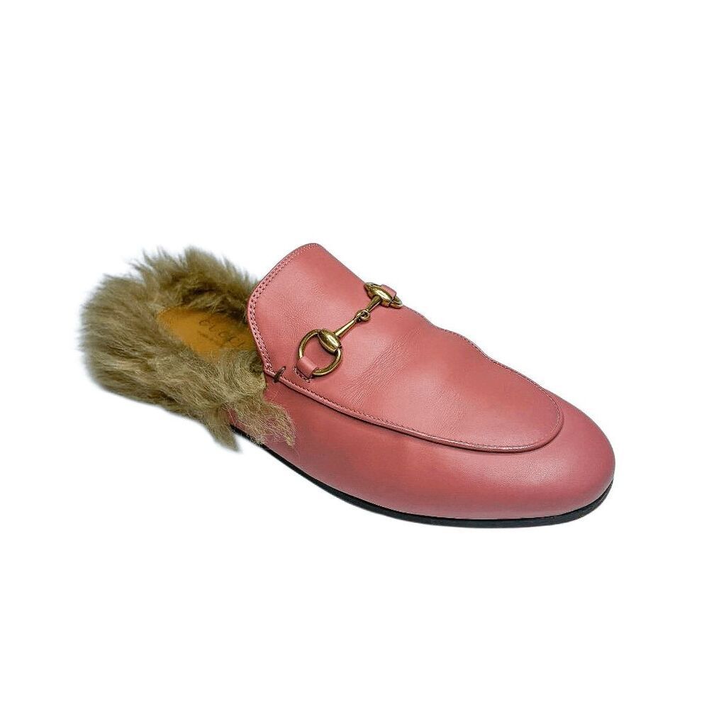 Gucci Princetown Horsebit Fur Mules EU 37 Lipstick Rose Leather Flat Slippers